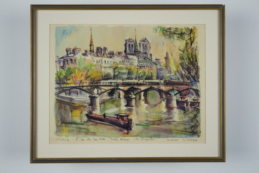 Antike gerahmte Farbgravur. Marius Girard. Die Île de la Cité, Paris.