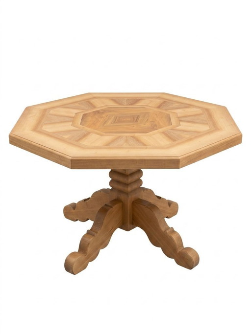 Exclusief, uniek stuk: achthoekige massief houten tafel en 2 stoelen – handgemaakt in Bregenz
