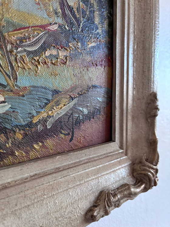 Image 1 of Peinture à l'huile originale vintage représentant un paysage de montagne et de rivière, encadrée