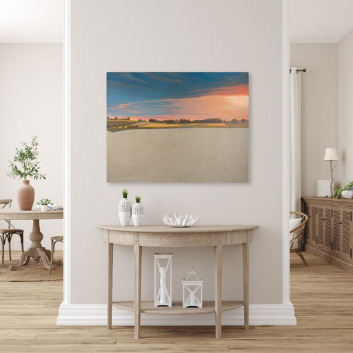 Landscape painting, evening sun, hand-painted unique piece, approx. 91 x 70 cm