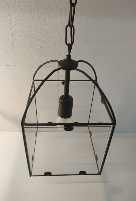 Image 1 of Ensemble de lampes suspendues rétro Amedi en verre/métal des années 90 (1 grande/double) 2 simples.