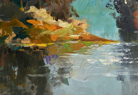 Image 1 of Original Oil Painting Gloomy Forest Landscape A river washes through the autumn forest