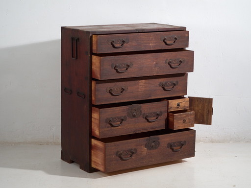 Ancienne commode de marchand japonais (Choba-dansu) en bois de Keyaki – Période Meiji-Taisho (c.1880–1920)