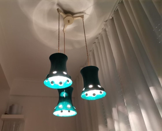 Image 1 of Lampadario a sospensione a cascata a 3 luci in ghisa verde, 1960