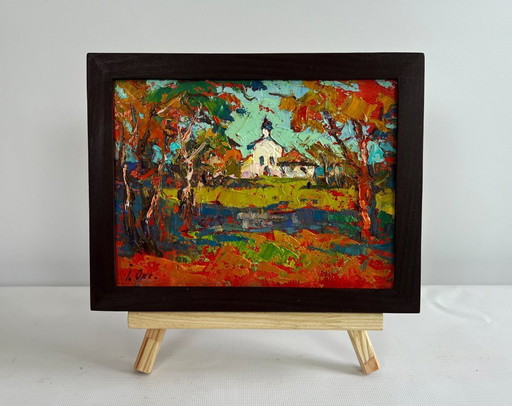 Original Oil Painting Autumn Church Landscape Autumn bell ringing of the church tower