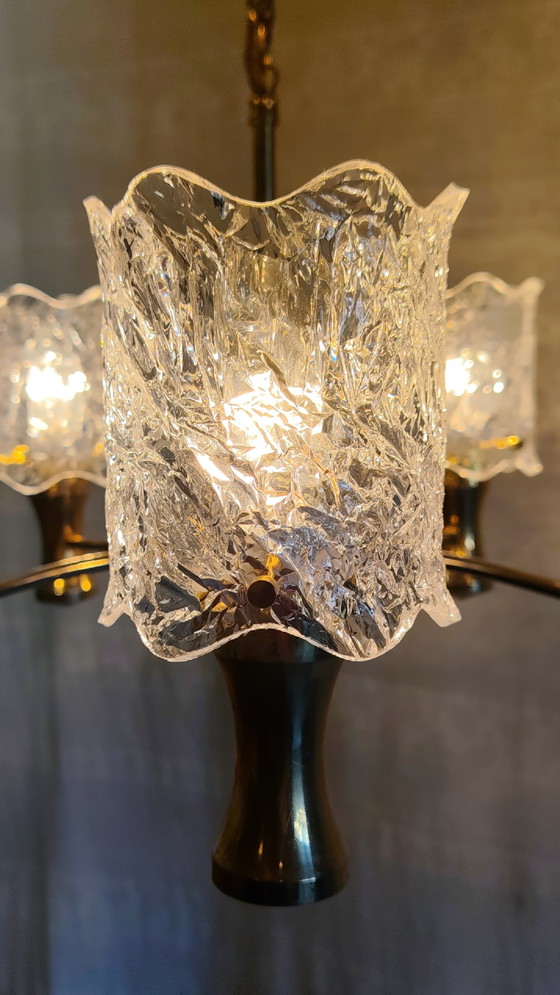 5-lichts verguld messing en perspex Kroonluchter - jaren 60/70 – Brass (photo 9 of 10)