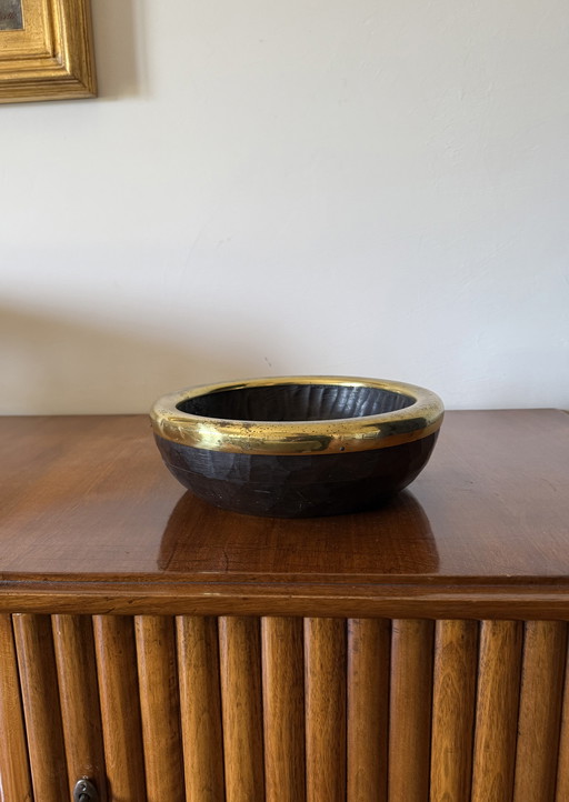 Mid-Century Brass and Wood Bowl, Italy 1970s