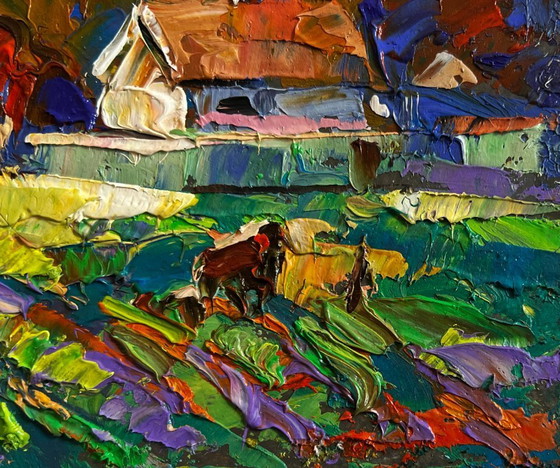 Image 1 of Original Oil Painting Evening Houses Landscape Autumn has come to the village