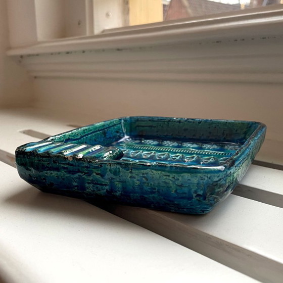 Image 1 of Aldo Londi voor Bitossi Italiaanse Vierkante Teal Blauw Groene Asbak