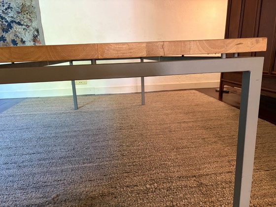 Image 1 of Soaped oak dining table, metal frame. 100 x 240 cm