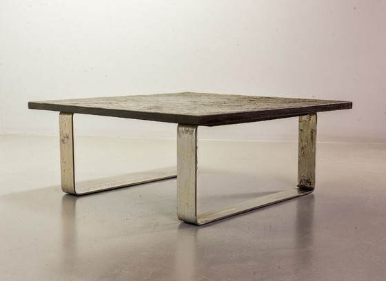 Image 1 of Mid-Century Ardesia Collection Brutalist Square Slate Stone Coffee Table in Pia Manu Style. Belgium, 1960s.