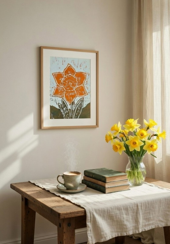 Image 1 of Impresión linográfica de narcisos | Arte mural de flores de primavera | Impresión botánica naranja | A4 hecho a mano