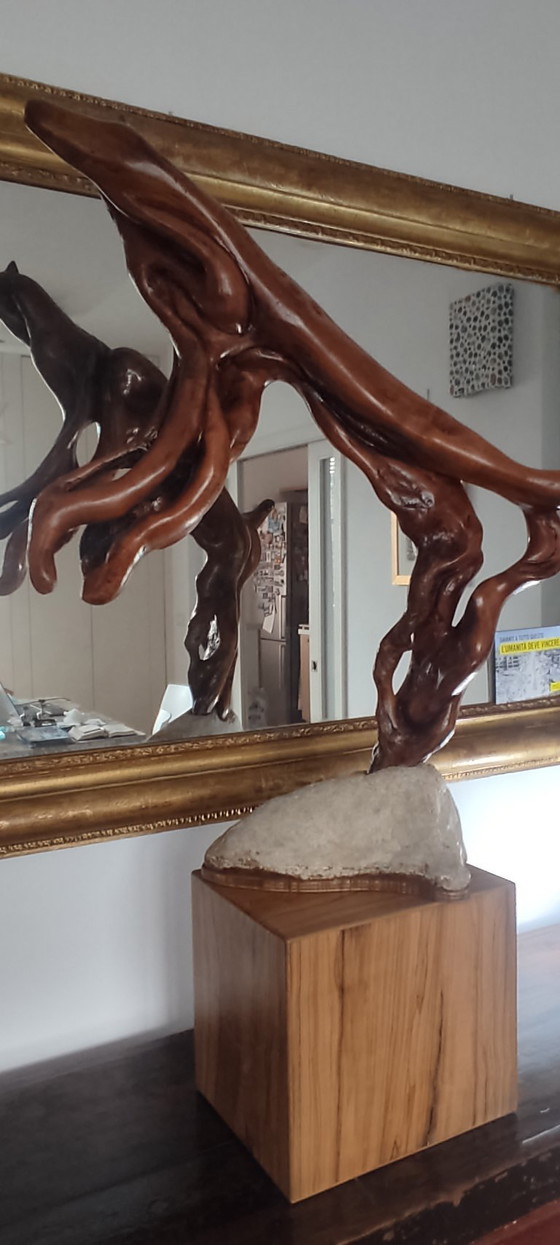 Image 1 of Organic Sculpture "Greyhound" in Solid Wood on a Stone Base – Biomorphic Natural Art
