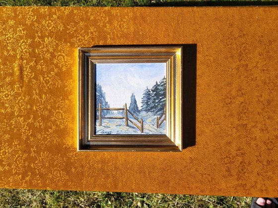 Rustikales Winterzaun & Kiefern Ölgemälde – Gemälde & Zeichnungen, Leinwand (photo 3 of 10)