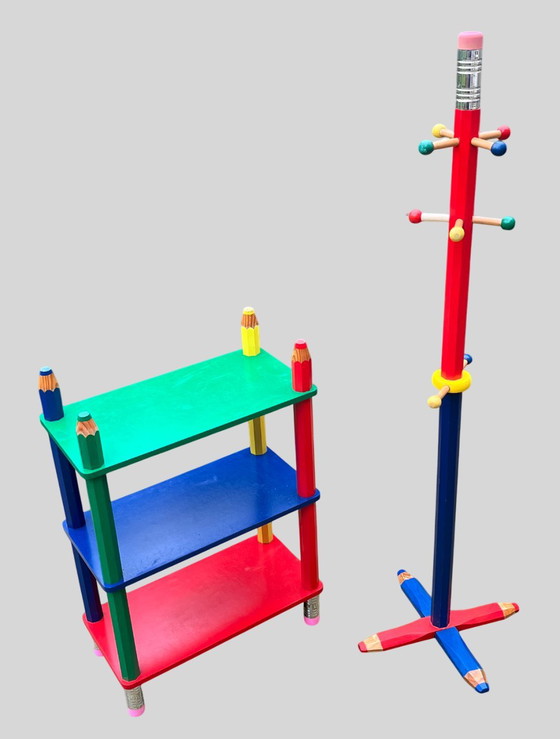 Image 1 of Pierre Sala Vintage Pencil Design: Bookcase & Coat Rack (Clairefontaine Model / 1980s)