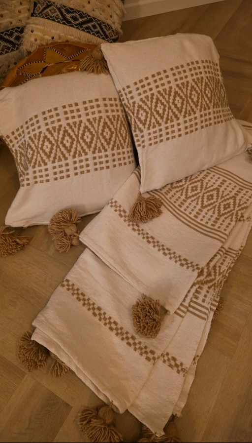 Manta de lana bereber + 2 fundas de cojín – Blanco/Beige