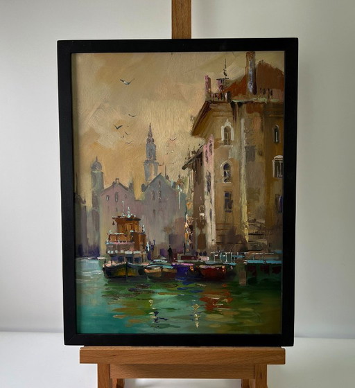 Original Oil Painting Urban Landscape Architecture River Pier City Sailboats – schilderijen tekeningen, Mdf (photo 2 of 9)