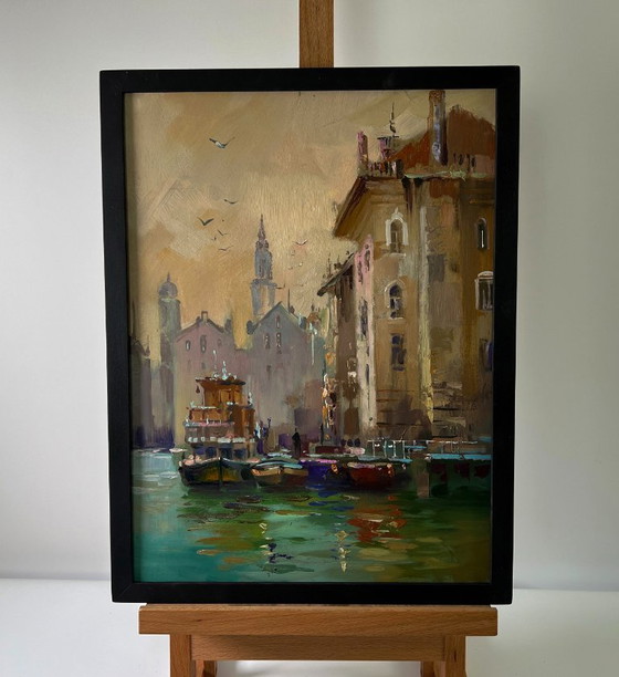 Original Oil Painting Urban Landscape Architecture River Pier City Sailboats – Paintings & Drawings, Mdf (photo 2 of 9)