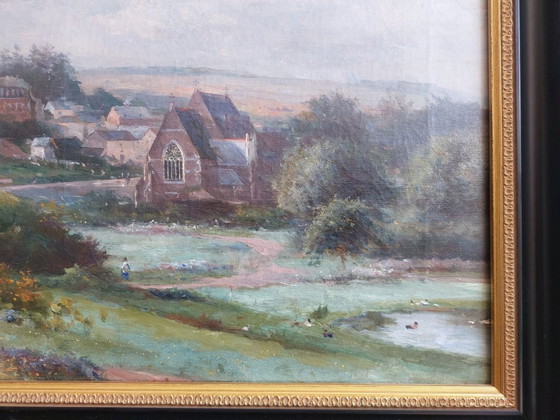 Image 1 of Paysage de village rural avec église - Henri Marcette (1824–1890)