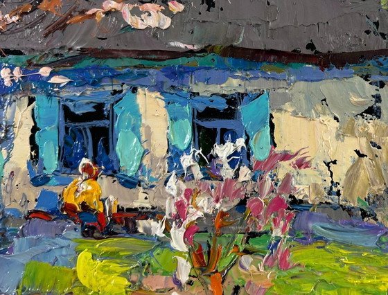 Image 1 of Original Oil Painting Summer House Landscape Silence and sun in the yard