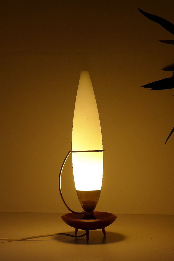 Image 1 of Vintage Philips tripod table lamp, 1960s, brass, teak, opal glass, Rocket Lamp