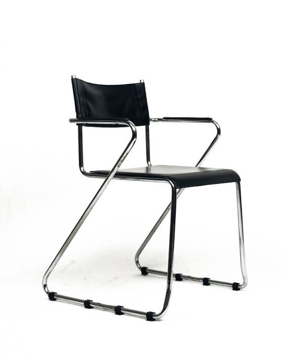 Image 1 of Vintage cantilever fauteuils, set van 4, zwart leer en chroom, jaren 70