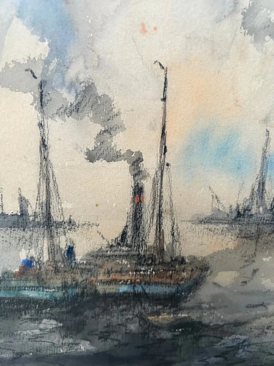Painting painting "view of the port" – Paintings & Drawings, Paper, Vintage (photo 3 of 6)