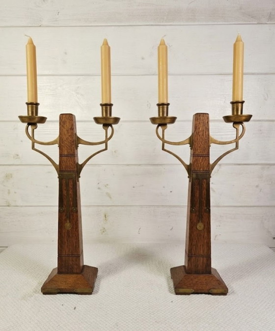 Rare Pair of Art Deco / Amsterdam School Candle holders, Amsterdamse School Kandelaars, Wood, Brass, Brown (photo 3 of 15)
