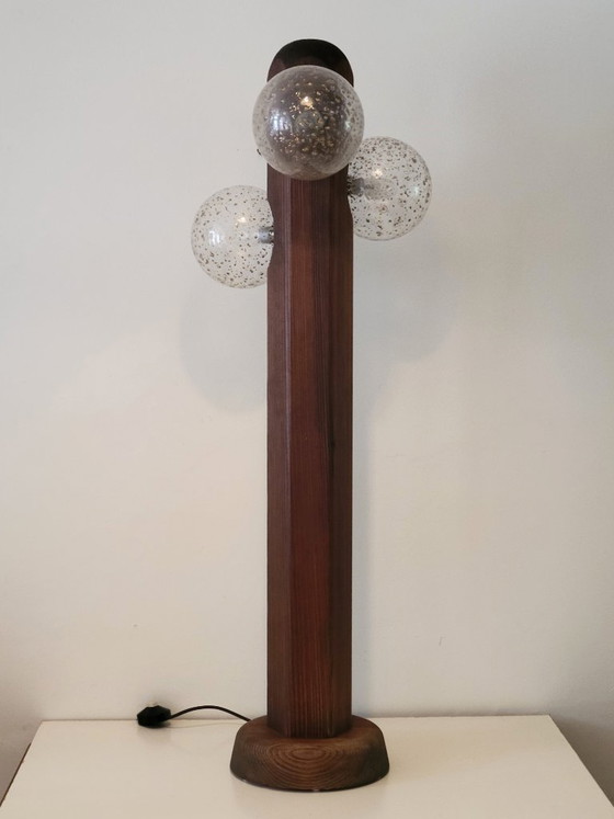 Hustadt Leuchten Brutalist floor lamp with three glass spheres, Table lamps, Wood, Brown, Vintage (photo 2 of 11)