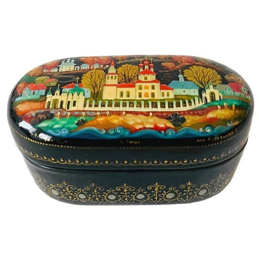 Antique Russian hand-painted lacquer box pill box Palekh