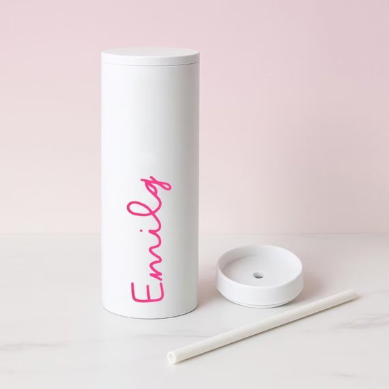 Image 1 of White Water Bottle Skinny Cup, Pink Love Vacation Cup, bridesmaid wedding gifts, bachelorette gifts