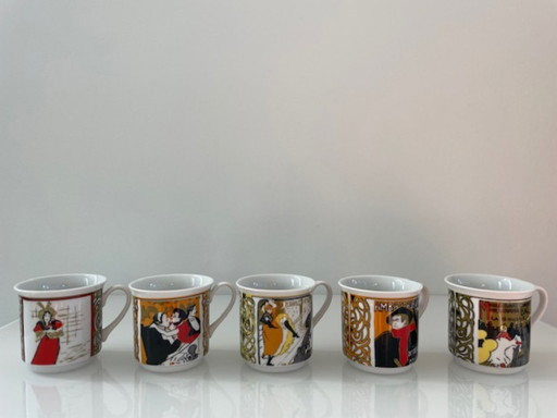 5x Vintage Art Deco Tassen und Untertassen (Lautrec)