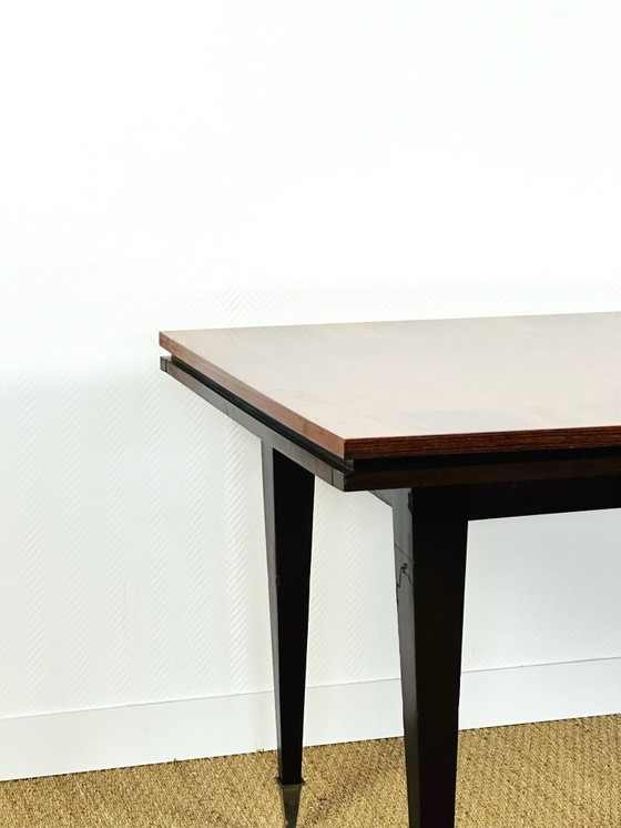 Image 1 of Table à manger art déco en marqueterie à chevrons vernie avec rallonges, 1940