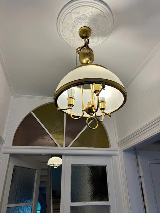 Seltene Art Déco Stil Pendelleuchte, Deckenlampe mit Steampunk-Elementen, Antik, Vintage, Messing und Glas