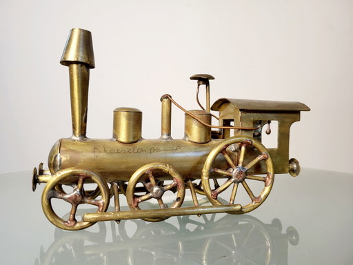 Opera d'arte, locomotiva, Daniel D'Haeseleer, stile Hollywood Regency, rame e ottone, anni '70, Belgio