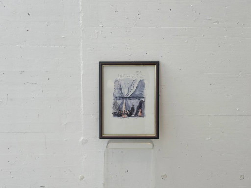 Framed original artwork with figurative scene and handwritten notes, 1980s