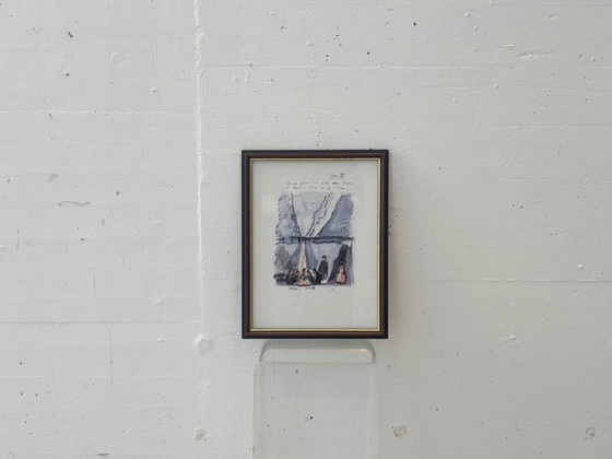 Image 1 of Framed original artwork with figurative scene and handwritten notes, 1980s