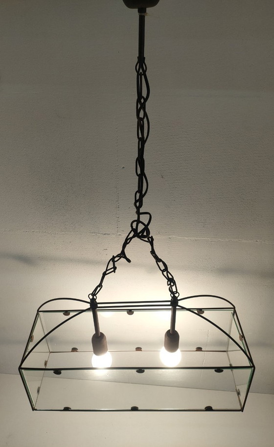 Image 1 of Ensemble de lampes suspendues rétro Amedi en verre/métal des années 90 (1 grande/double) 2 simples.