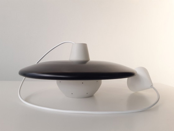 Image 1 of Vintage milk glass UFO-shaped pendant lamp with metal saucer, mcm lamp