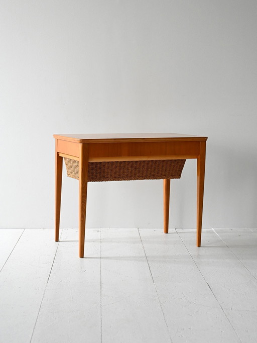 1950s/60s Oak Burl Sewing Table with Basket