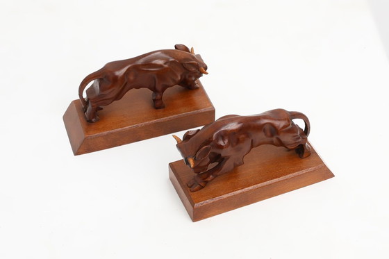 Image 1 of Coppia di fermalibri Art Déco in quercia a forma di toro, Francia, anni '30