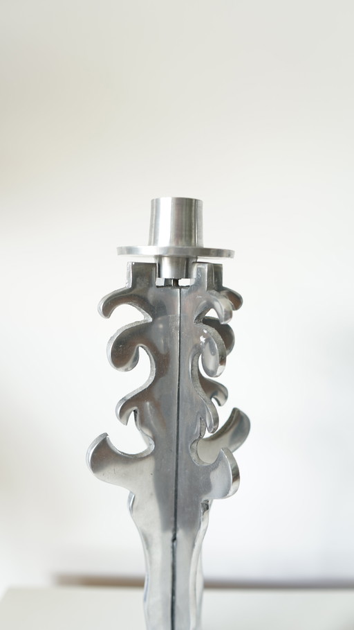 Pair of Brutalist candlesticks in vintage carved chromed metal - 1970s