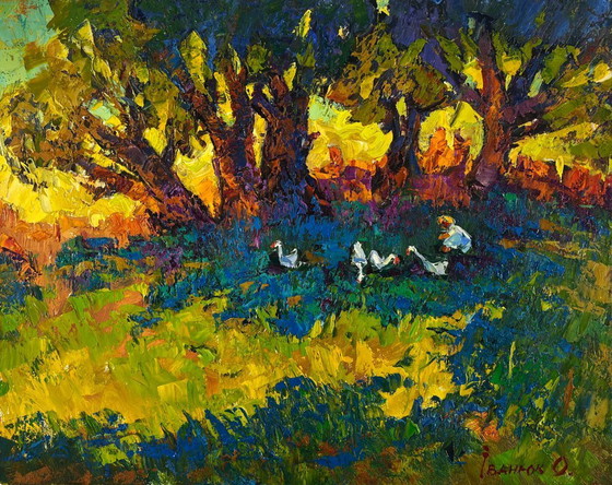 Image 1 of Original Oil Painting Evening Nature Landscape Silence In The Shade Of Old Willows