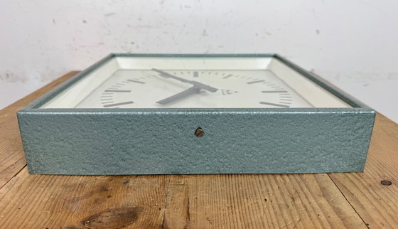 Image 1 of Green Industrial Square Wall Clock from Pragotron, 1970s