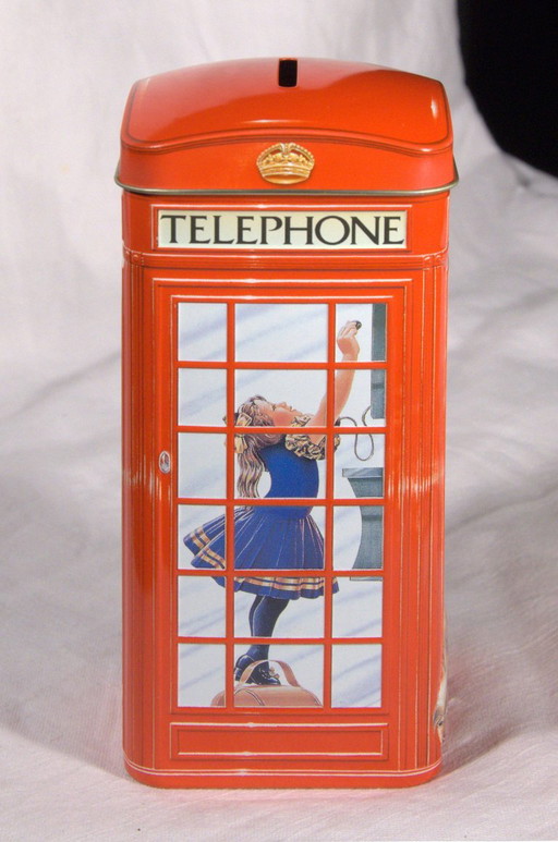 Metal money box in the shape of an English telephone box, formerly a Churchill's Jelly Beans candy tin, (photo 2 of 6)