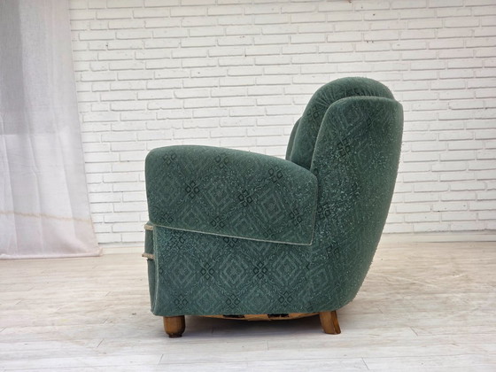 Image 1 of 1960s, Danish 3-seater curved sofa, light green furniture fabric, original condition.