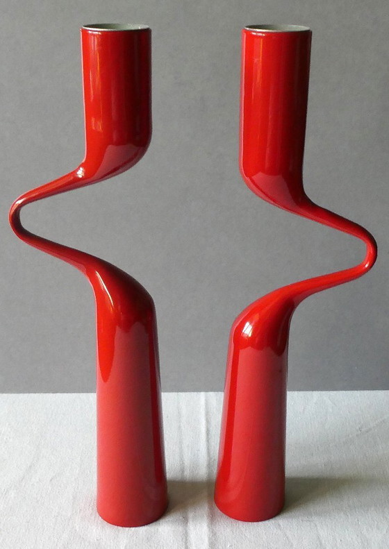 Image 1 of double candle holder, stainless steel, red lacquered, menu, denmark, design mikaela dörfel
