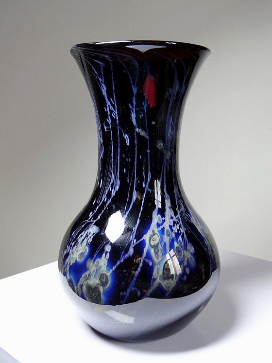 Image 1 of Large vintage purple art glass vase with silver inclusions