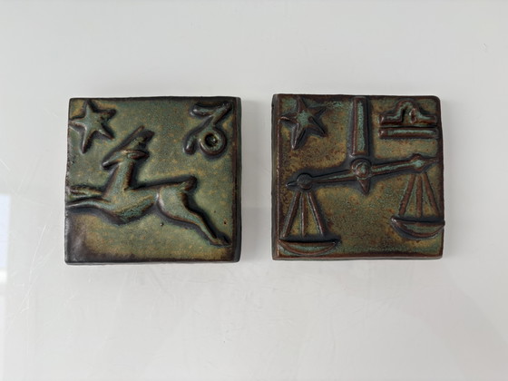 Image 1 of Two vintage 1960s/early 70s wall tiles with zodiac signs