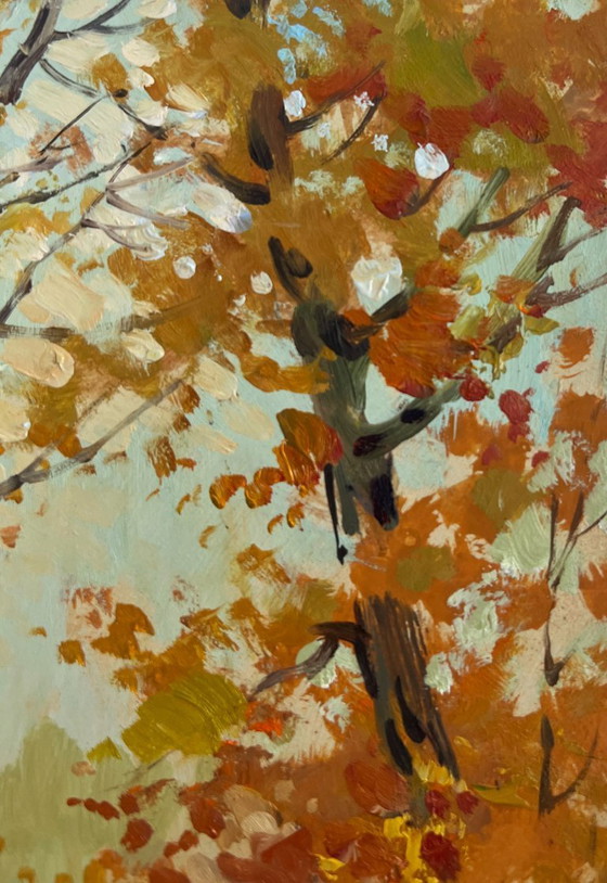 Image 1 of Origineel olieverfschilderij: Herfstboslandschap met gevallen bladeren in een herfstpark.